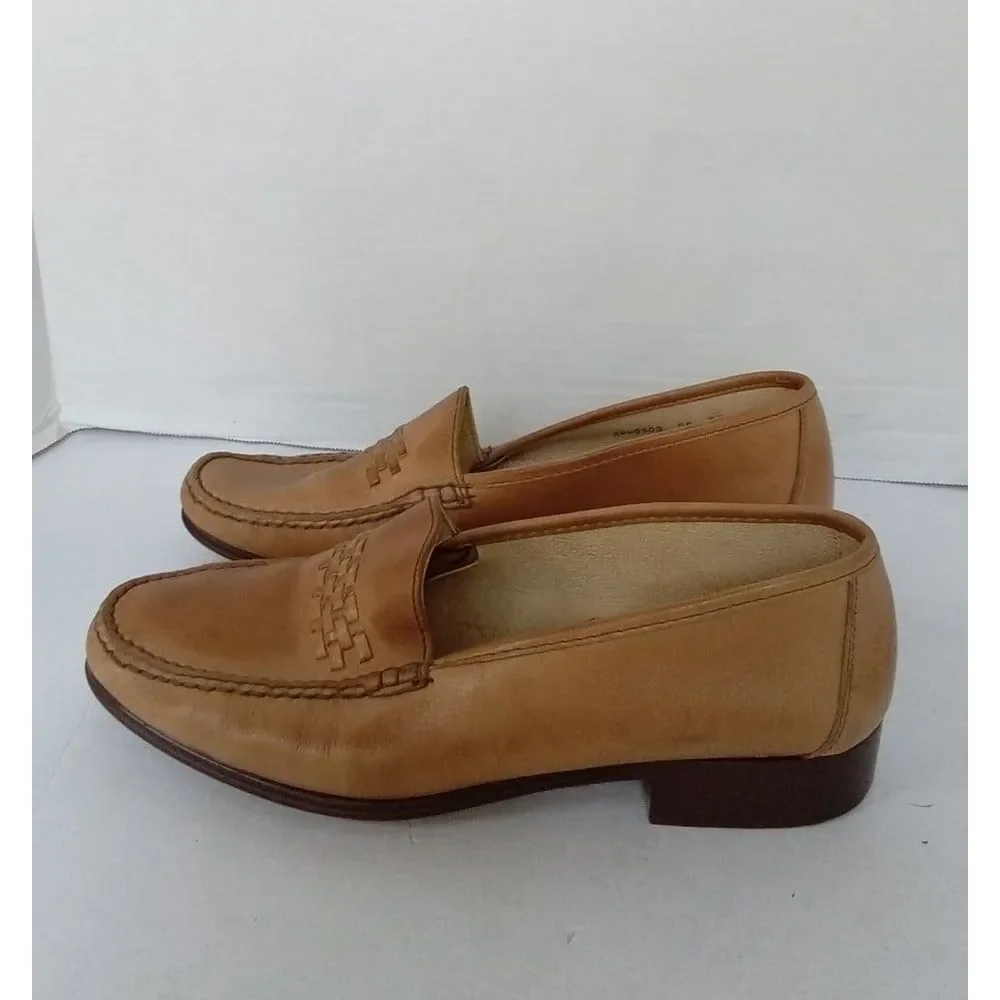 Classic Tan Leather Loafers Woven Detail‎ Slip-On Comfort Dress Shoes
